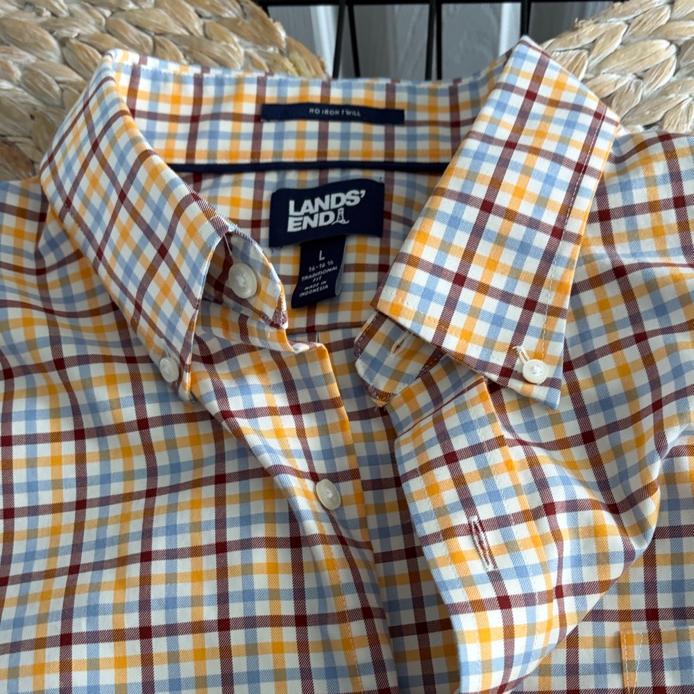 Lands' End Men's Yellow and Blue Plaid Shirt